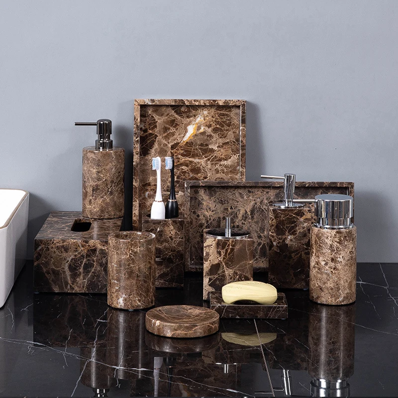 Bamboo Toothbrush Set - Emperador Dark Naturmarmor Badezimmer-Set Braun Luxus