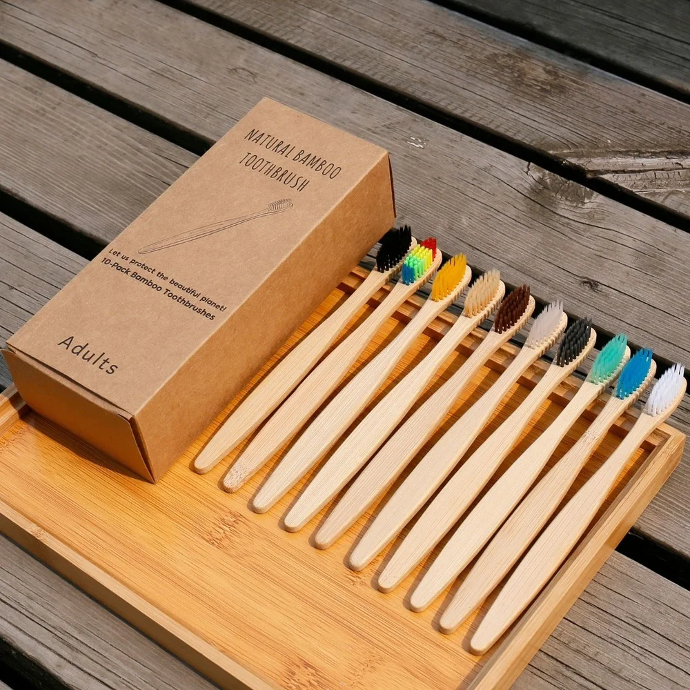 Bamboo Toothbrush Set - 10-teiliges Buntes Natürliches Bambus-Zahnbürstenset mit Weichen